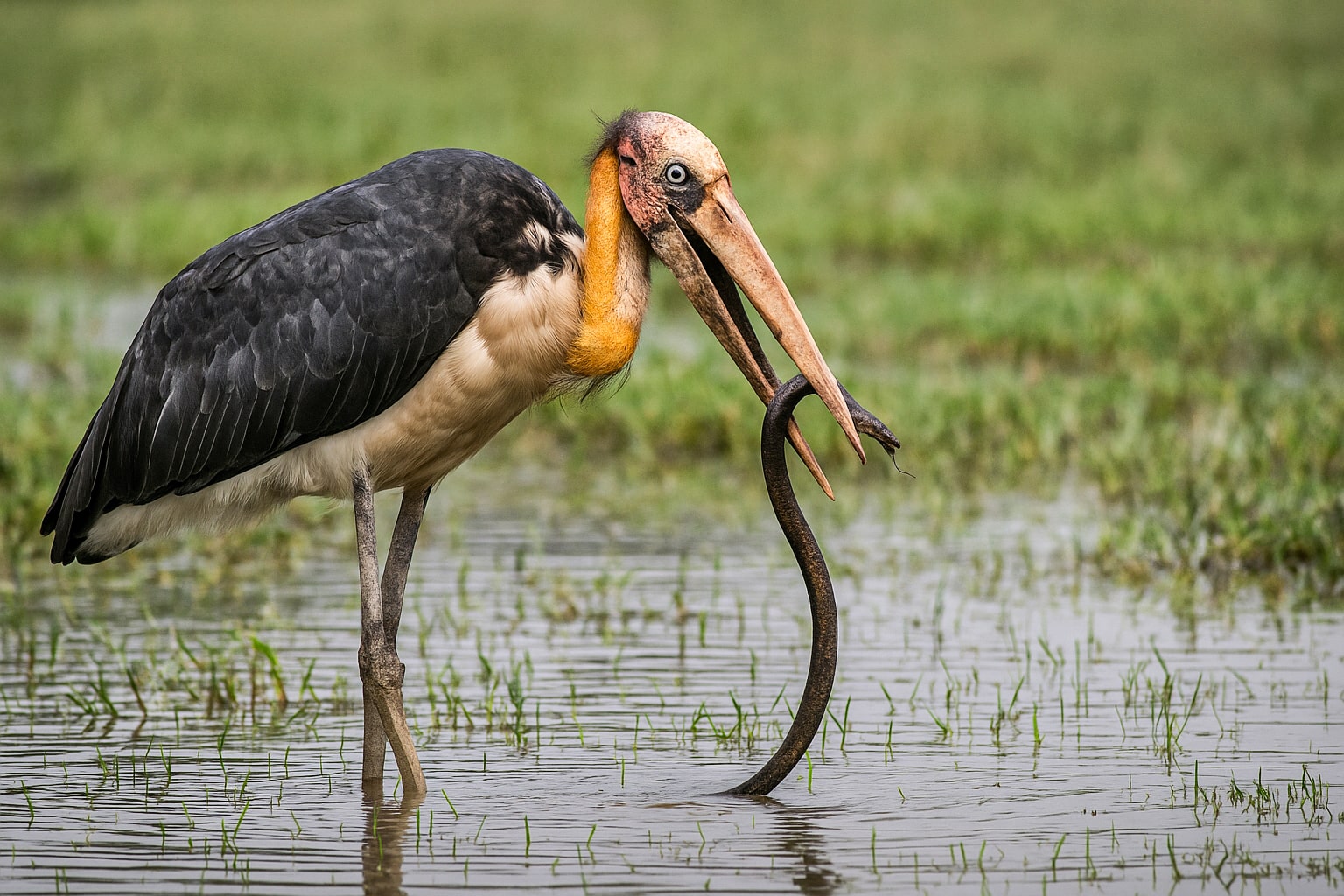 Lesser Adjutant Eating Fish