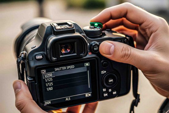 Camera with shutter speed settings displayed, ready for outdoor photography.